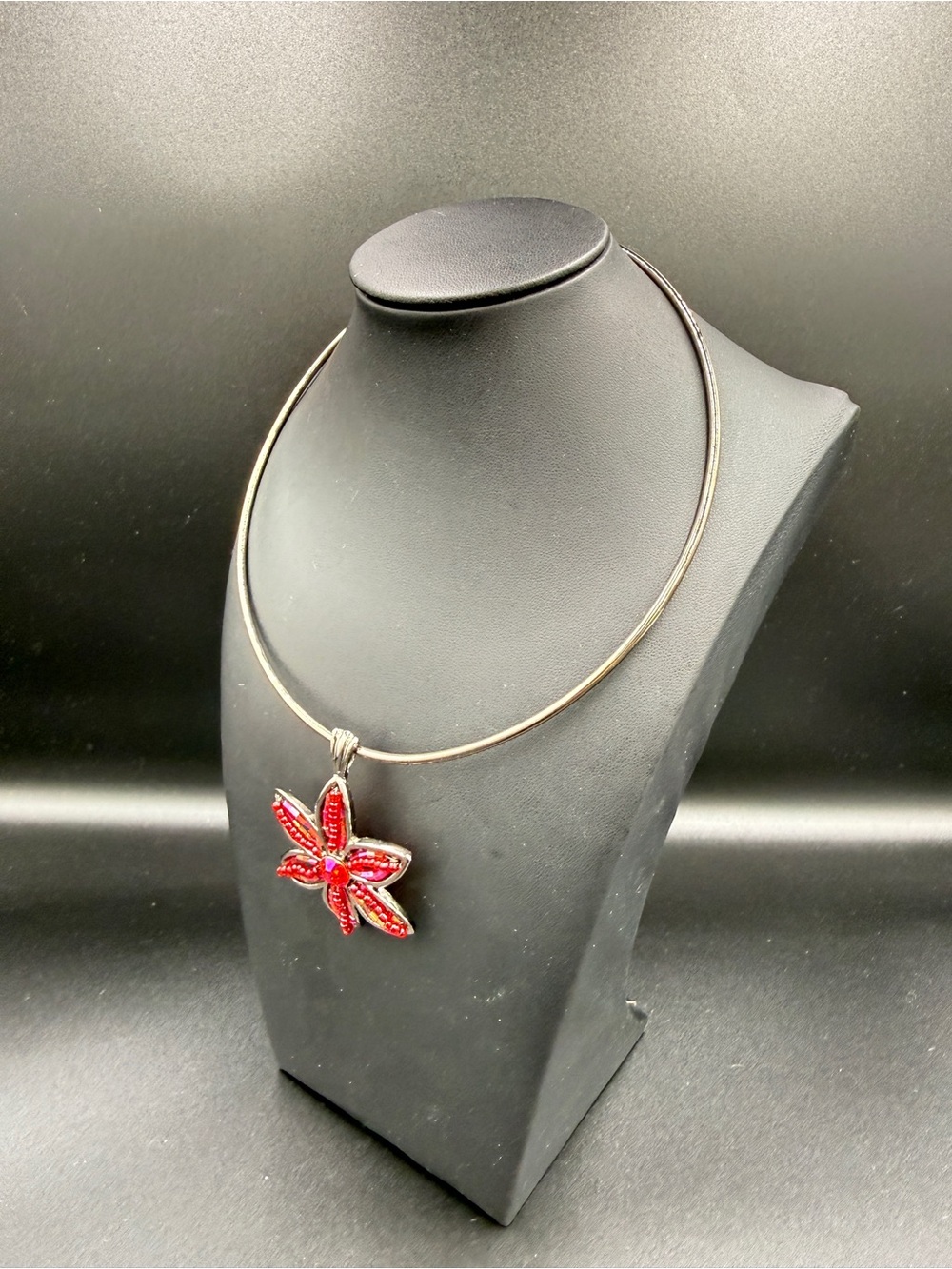 Silver Tone Collar Necklace with Red Beaded Flower Pendant